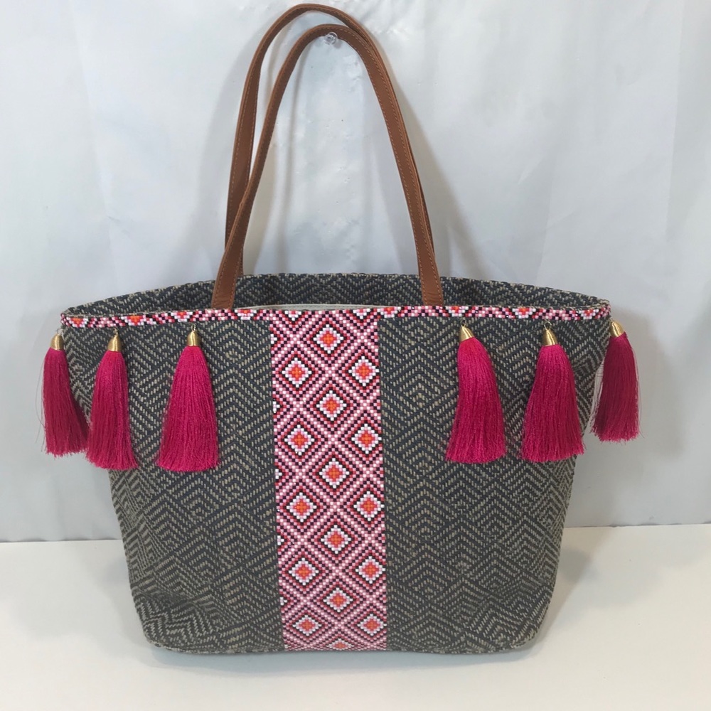 NOT FOR SALE Boho Geometric Jute Tote Tassels - Picture 1 of 6
